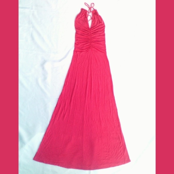 Coral Open Back Crisscross Halter Maxi Tube Dress Symphony Full Length Sexy Sm - Picture 2 of 7